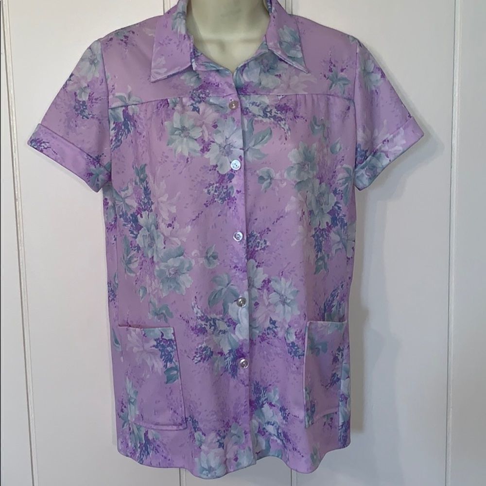 Vtg‎ 70s purple & green floral polyester smock top